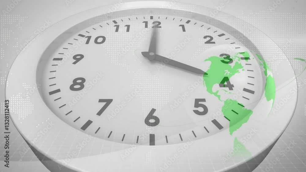 Poster clock face with world map animation overlay, showing 12 o'clock time