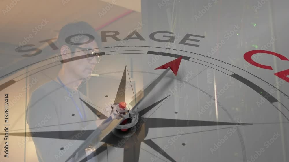 Poster in data center, person working with animation of compass pointing to cloud storage