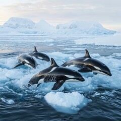 Fototapeta premium Antarctic Orcas leaping through icy waters near snow capped mountains