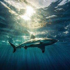 Fototapeta premium Majestic Shark Underwater Sunbeams Ocean Wildlife Marine Life Deep Sea Predator