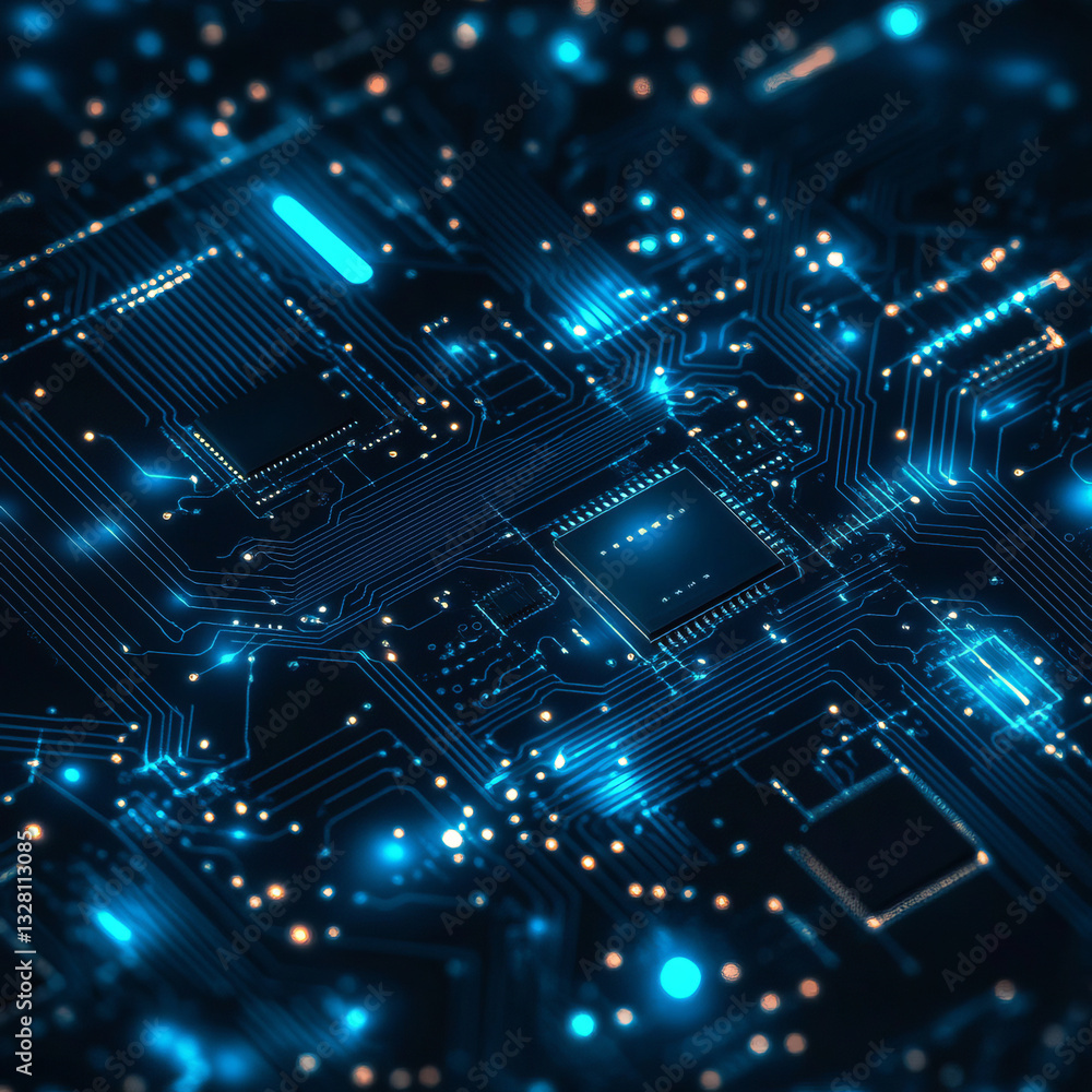 Poster close-up of illuminated microchip circuitry on dark background