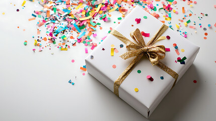 A white box with a gold ribbon on top of a table covered in colorful confetti. AI Generated