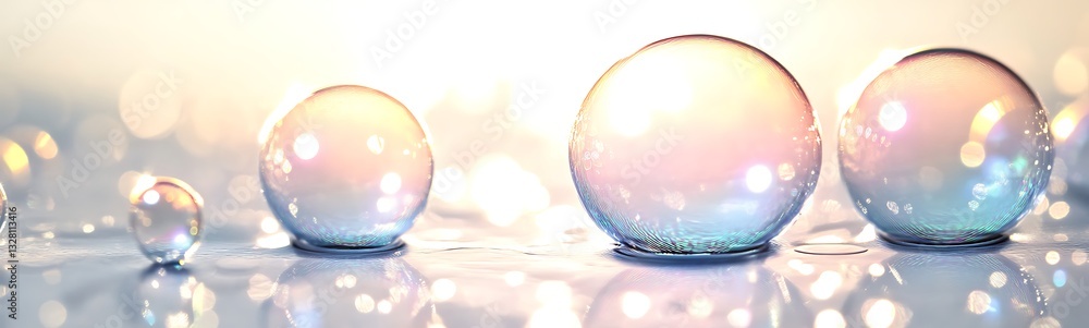 Poster translucent bubbles reflecting light in a serene, soft-focus setting.