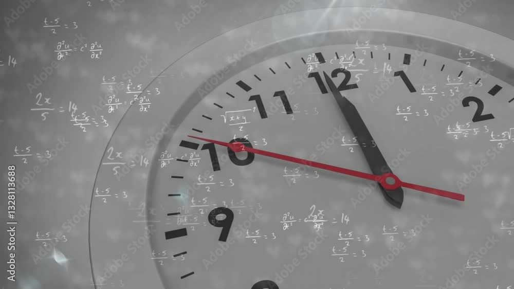 Poster mathematical equations overlaying clock face, symbolizing time and calculations animation
