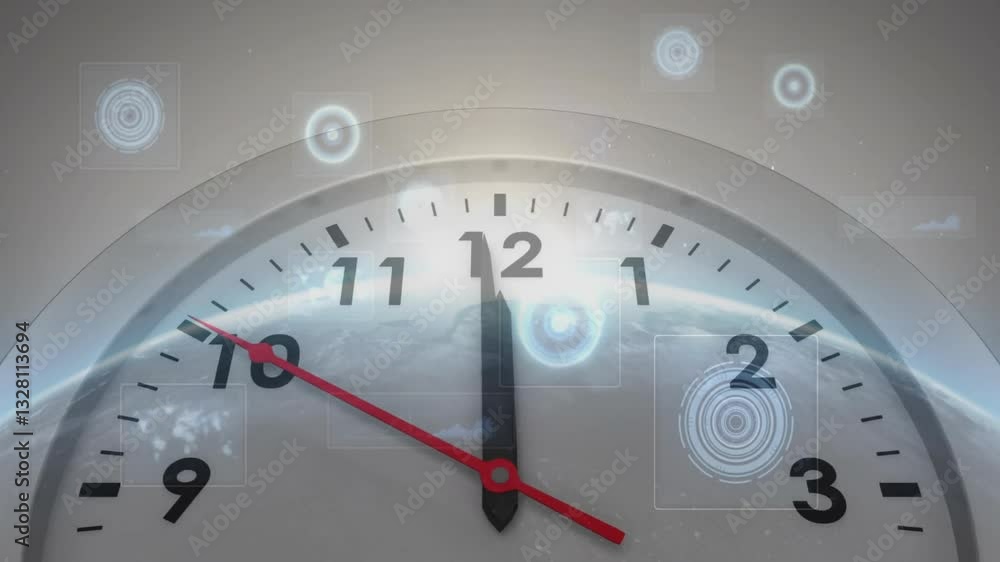 Poster glowing digital elements and abstract data symbols on clock face animation