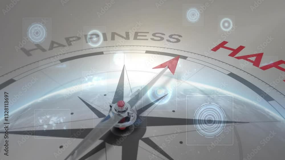 Poster compass pointing towards happiness with digital animation overlay in school setting