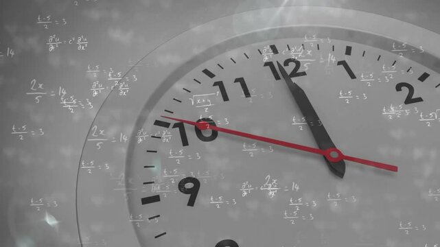 Mathematical equations overlaying clock face, symbolizing time and calculations animation - Powered by Adobe