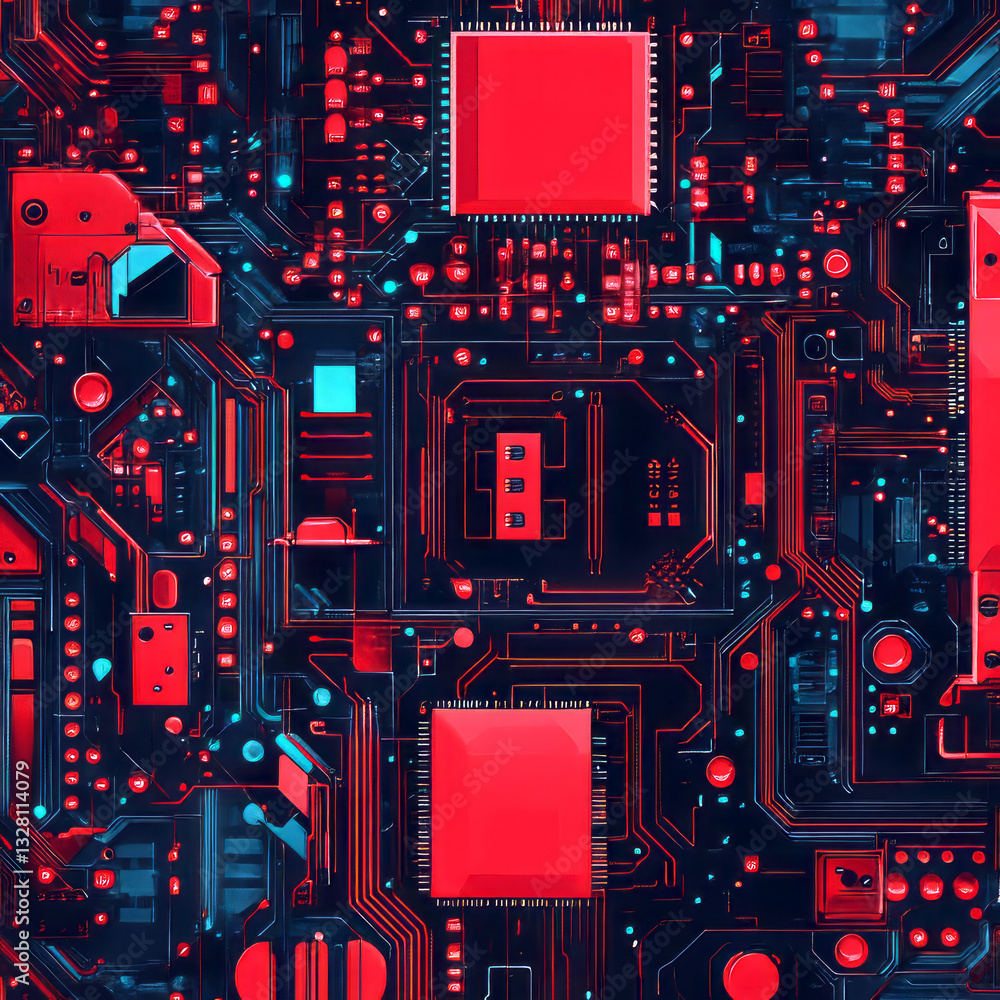 Poster red and blue microchip circuit board technology pattern