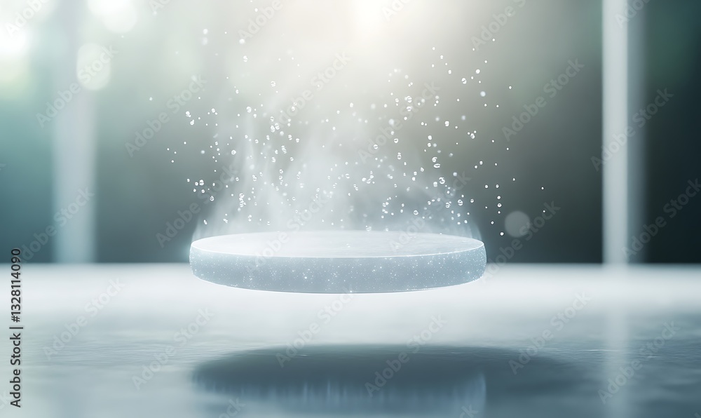 Poster floating disc creating a misty spray in a bright, ethereal setting.