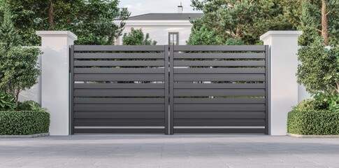 A modern, sleek gate surrounded by greenery, providing a stylish entrance to a private property.