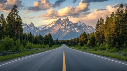 Fototapeta premium Majestic Mountain Road at Sunset: A Scenic Drive through Grand Teton National Park