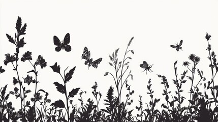 Black And White Floral Meadow Silhouette With Butterflies