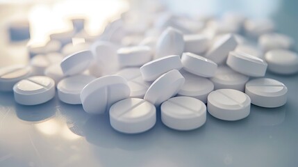 A close-up view of white pharmaceutical tablets scattered on a reflective surface, creating an organized yet chaotic scene.