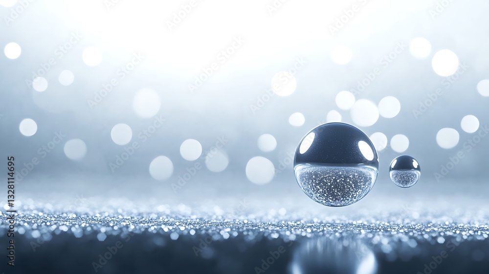 Poster Bubbles on a reflective surface with soft light and blurred background.
