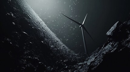 Futuristic Wind Turbine on a Dark Rocky Planet Surface Energy Concept