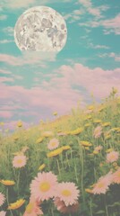 Fototapeta premium Sunflower field moon landscape astronomy.