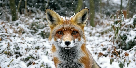 Fototapeta premium A close-up of a red fox in a snowy forest, staring directly into the camera with piercing eyes