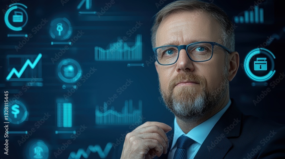Poster businessman with glasses and beard analyzing chart data on computer screen for strategic decisionmak