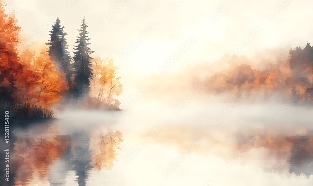 Poster serene autumn landscape with misty water and colorful trees reflecting in the calm surface.