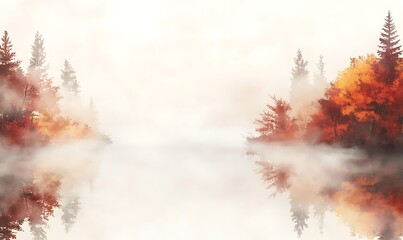 A serene autumn landscape with misty reflections on a calm lake.