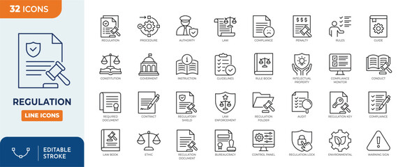 Regulation line editable icon set. Containing rules, authority, conduct, law, guideline, penalty, government, ethics, compliance, procedure, and more. Vector illustration 