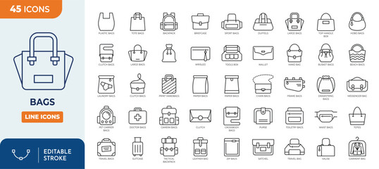bags icon set. Contains icons related to types of bags. Outline Icon Collection. Vector illustration. Editable stroke	