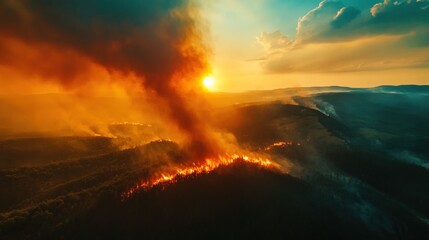 Fototapeta premium Fiery Sunset: Aerial View of a Devastating Wildfire