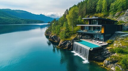 Fototapeta premium Modern cliffside home, fjord view, waterfall pool, luxury escape