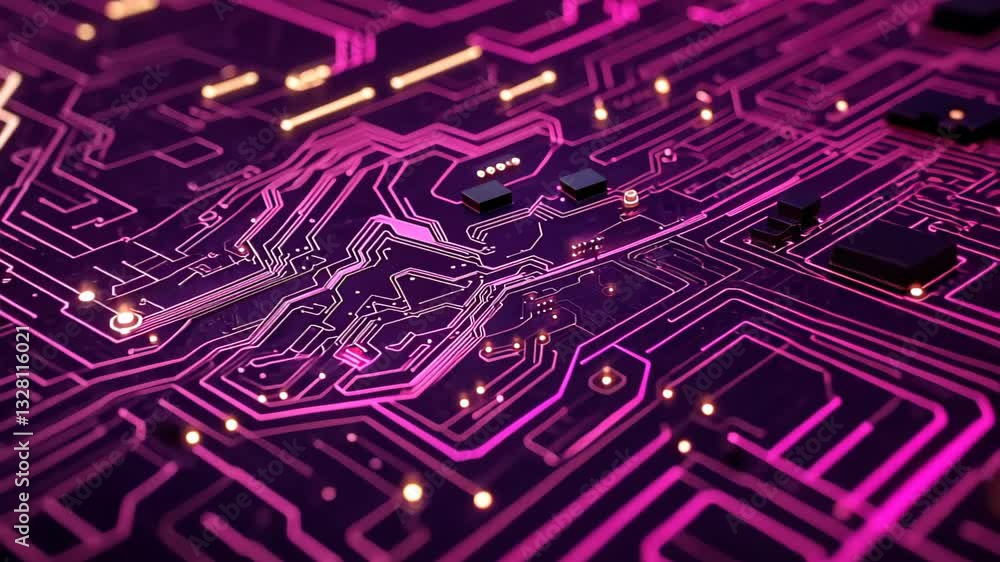 Poster close up of circuit board with glowing elements in futuristic pink hue representing technological in