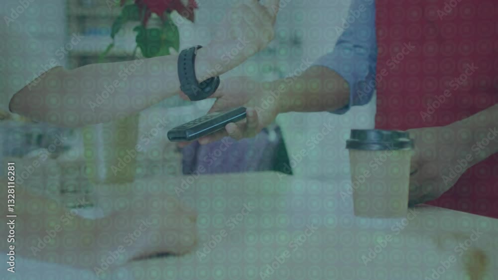 Aufkleber using smartphone for contactless payment over digital security animation in cafe