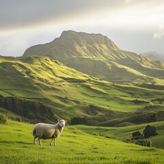 Fototapeta premium Serene Sheep Grazing on Lush Green Hills Scenic Mountain Landscape