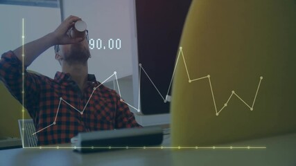 Man drinking coffee with financial graph animation over office scene - Powered by Adobe