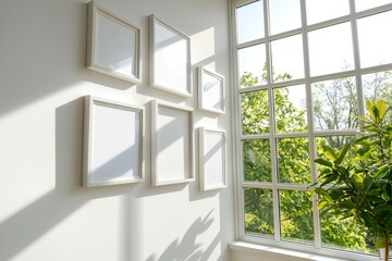 Fototapeta premium Minimalist whitewashed picture frames on a bright wall contemporary interior design natural light setting straight-on view emphasizing simplicity