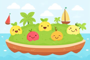 Friendly fruits and island scenery create a cheerful cartoon image