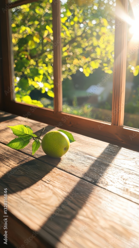 Poster A fresh green apple on a rustic wooden table soft sunlight streaming through a window capturing nature's simplicity