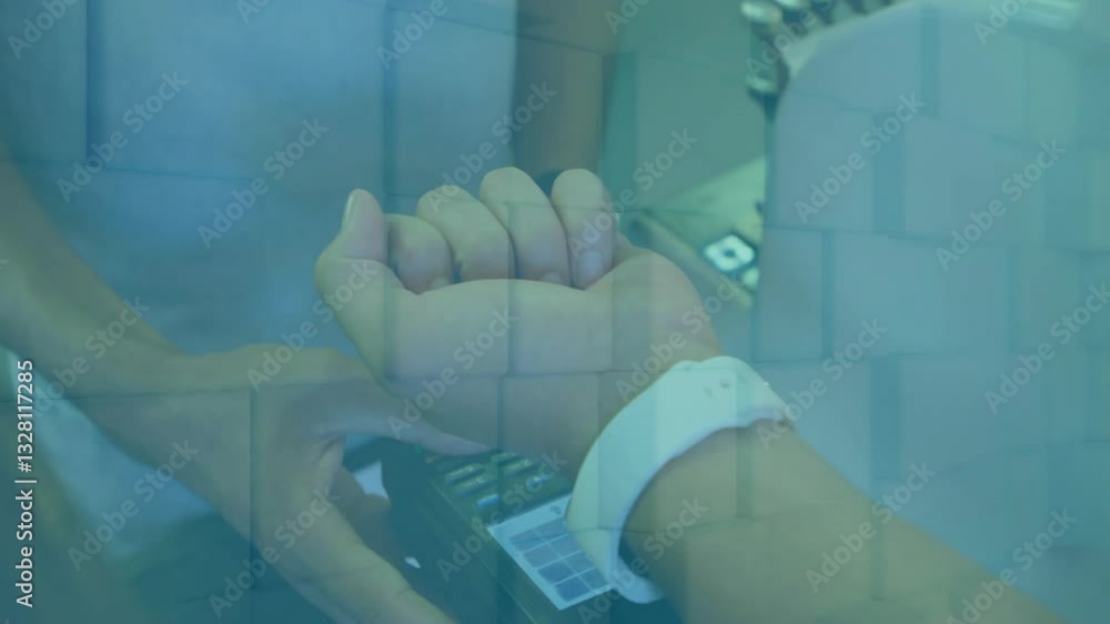 Poster hands interacting with digital device over blue geometric pattern animation