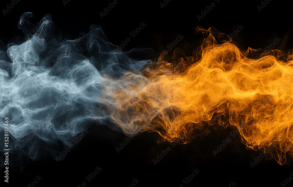 Aufkleber dynamic flame and smoke interaction black background abstract art digital creation side view energy 