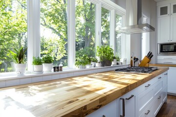 Reclaimed wood countertop maintenance demonstrations in a bright airy kitchen side angle view home improvement tips