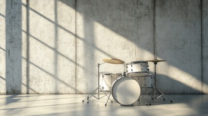 A classic white drum kit positioned against a sleek, modern backdrop.