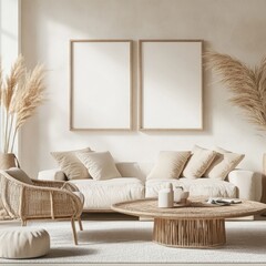 Minimalist living room with beige sofa, rattan chair, pampas grass, and wooden coffee table.