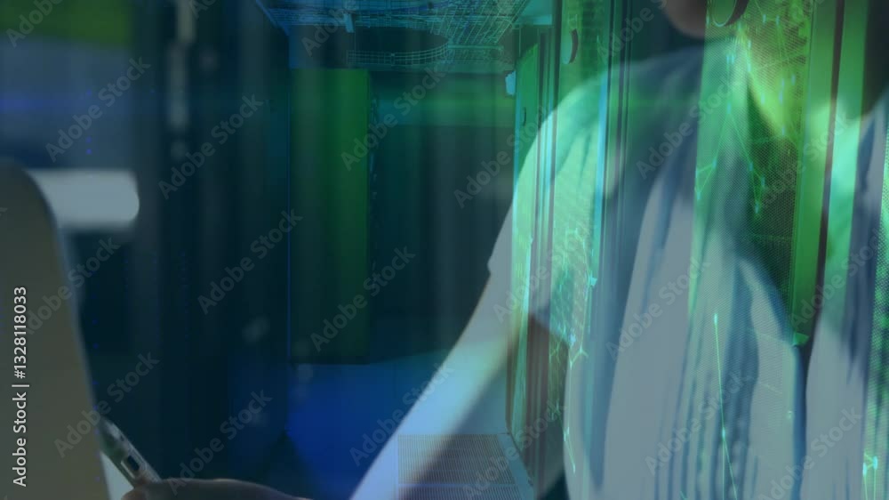 Aufkleber data processing animation over person working in server room environment