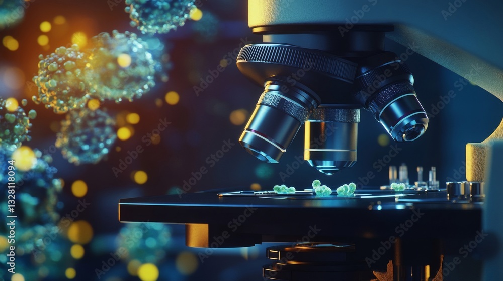 Poster microscope view of virus sample in dark lab