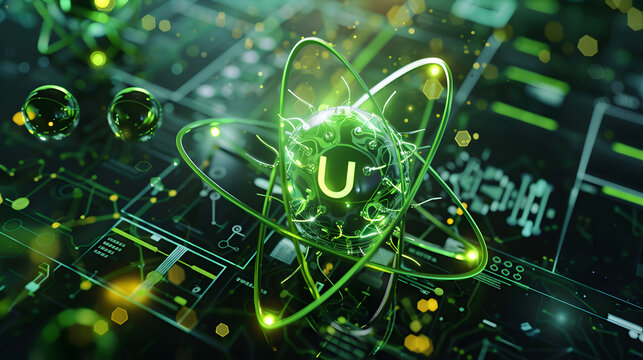 Intricate Digital Representation of Uranium Element with Atomic Structure and Glowing Green Highlights