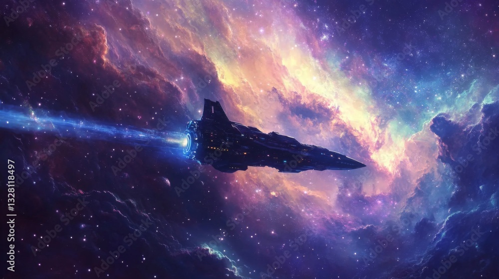 Poster spaceship traveling through a colorful nebula in space