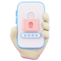 Hand holding smartphone screen with padlock representing cyber data protection technology icon 3d render illustration image
