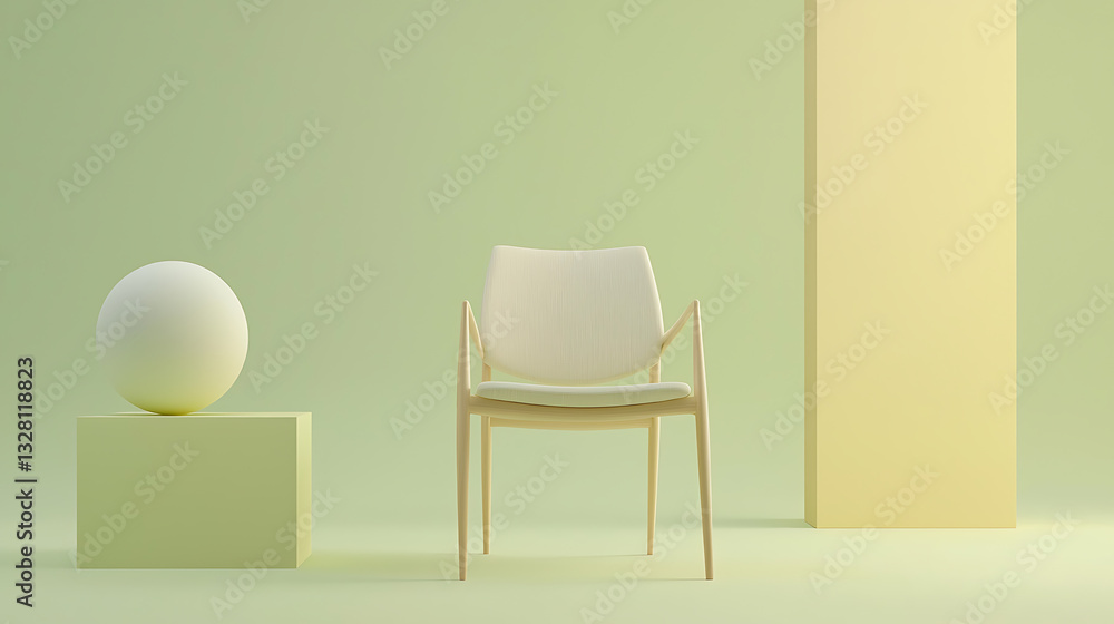 Poster minimalist chair and sphere arrangement studio setting 3d render soft colors calm environment aesthe