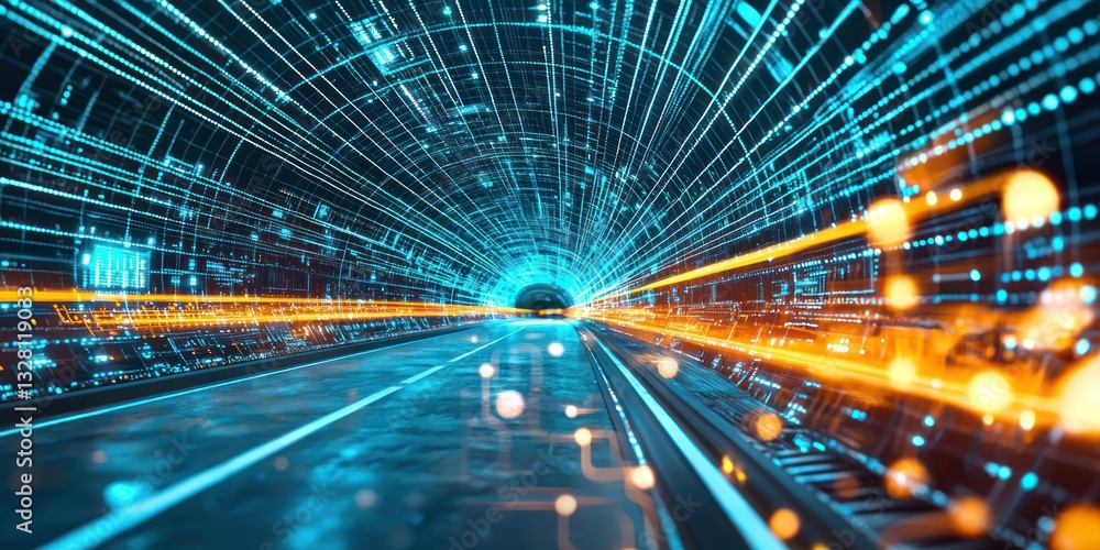 Aufkleber a cyberpunk-inspired digital tunnel with glowing circuit patterns