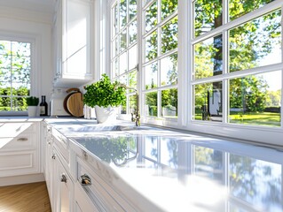 Fototapeta premium Restored cabinetry in bright kitchen showcasing natural light and stunning details eye level view realistic setting