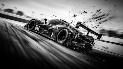 A striking high contrast image of a racing car losing control on the track, showcasing speed and dynamic motion with flying debris and intense energy.