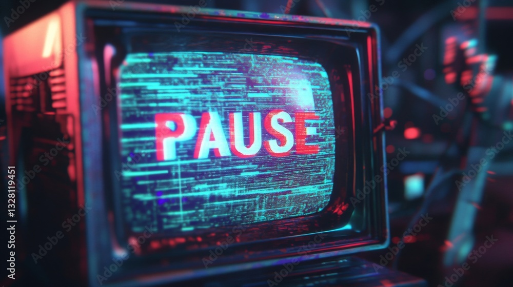 Poster retro television screen showing pause message with digital glitch effect
